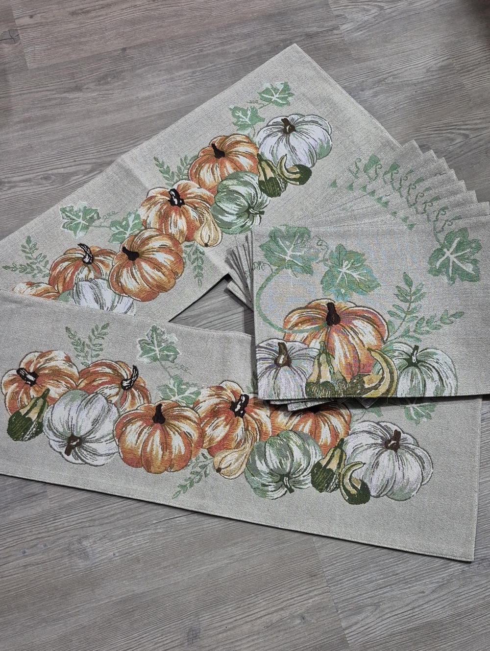 Autumn Pumpkin Table Runner Set. Beige, Orange & Green. 2 Runners & 10 Placemats